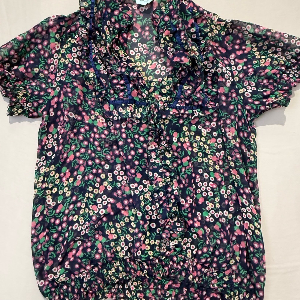 Kimchi & Blue Blouse Womens Medium Navy Sheer Floral Ruffle Short Sleeve - Picture 5 of 8